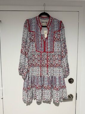 Anthropologie Red, White & Grey Tiered Printed Peasant Dress